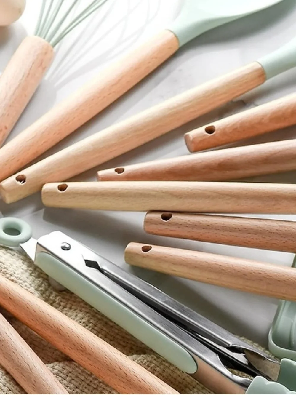 Wood Handle White Silicone Kitchen Utensil Set - 11 Piece
